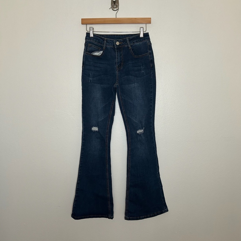 Y2k styled High-Waisted Distressed Flare Denim Jeans Dark Wash Sz S